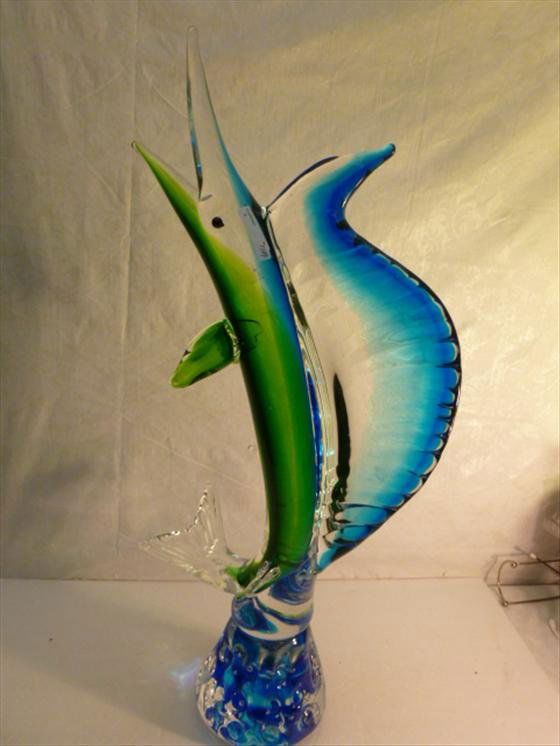 Murano glass large glass sail fish in green and blue: Murano glass large glass sail fish in green and blue with clear tail and blue wave base-28 1/2 tall- large solid glass very heavy- great piece