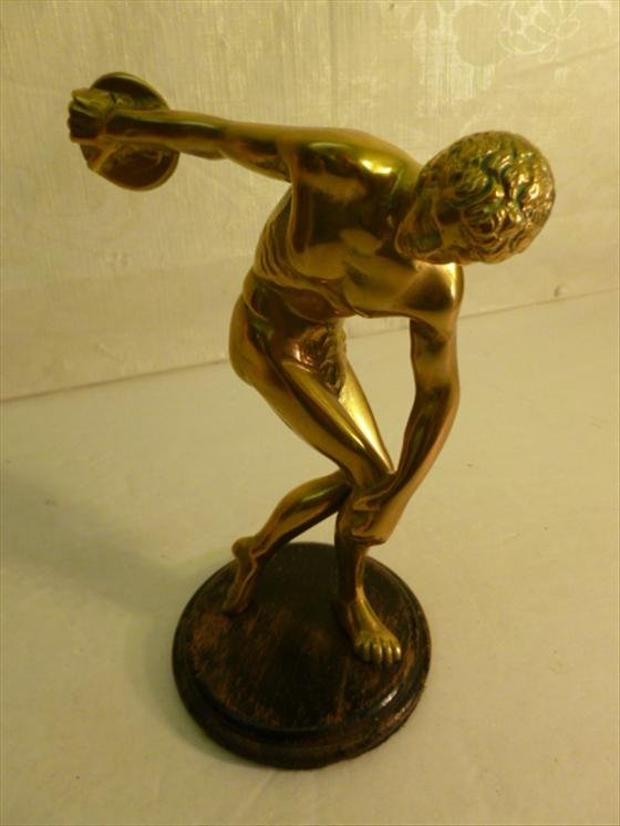 Brass discus thrower figure- on wood base: Brass discus thrower figure- on wood base-7 tall