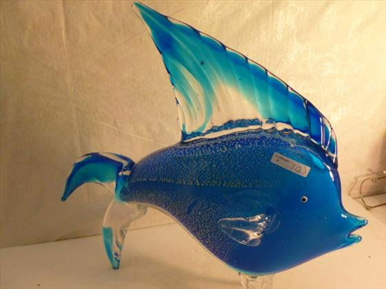 Extra large Murano fish in blue with silver flakes stan: Extra large Murano fish in blue with silver flakes standing on clear glass fins and tail white and black eyes-16 1/2 tall -large heavy piece of glass