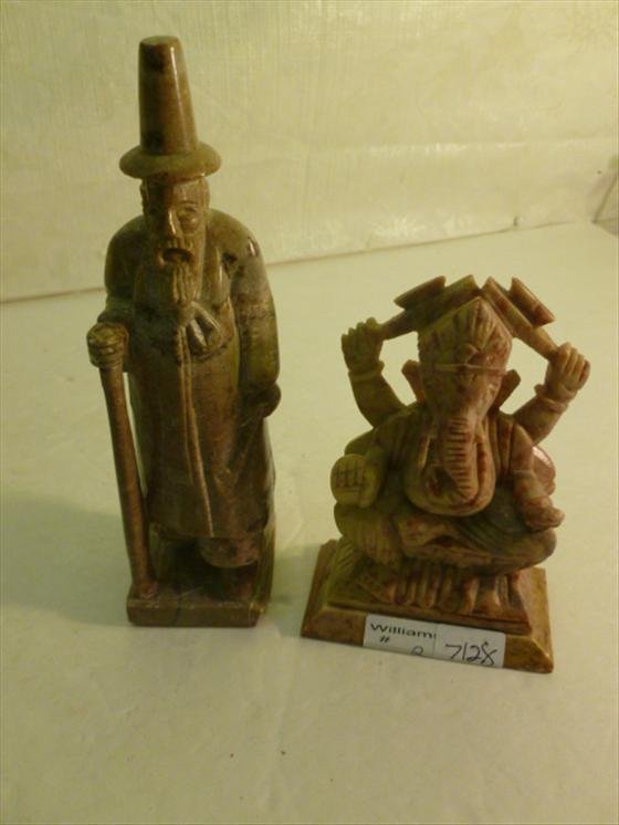 2 piece stone and soapstone carvings: 2 piece stone and soapstone carvings- man with walking stick and elephant man-nicely carved in good condition-5-7 tall