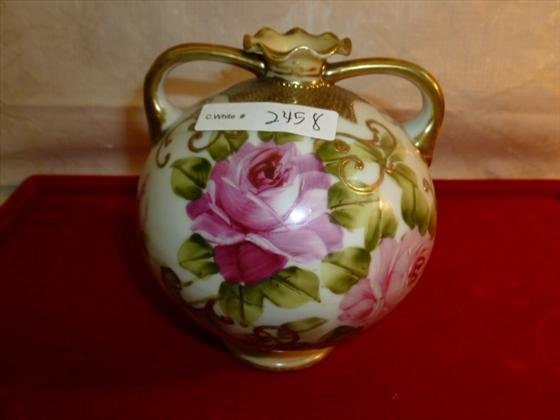 Hand painted Nippon vase bulbous shape with handles: Hand painted Nippon vase bulbous shape with handles dime size opening gold trim pink roses5 1/2 tall great shape and colors