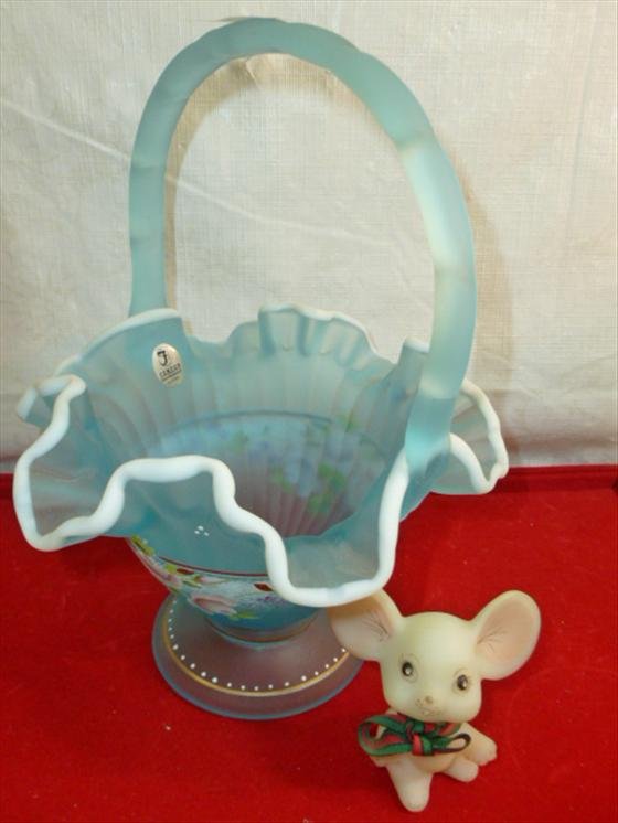 2 pc Fenton satin glass- basket 2002 Charleton Collecti: 2 pc Fenton satin glass- basket 2002 Charleton Collection signed Bill Fenton- V. Anderson- aqua with colored flowers white and gold trim 8 1/2-mouse Becky B