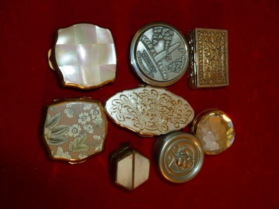 8 small pill box style silver tone and gold tone cases-: 8 small pill box style silver tone and gold tone cases- etched stone and crystal tops -Jersen Jensen- Stratton England-1/2-2 1/2 long- round square shape