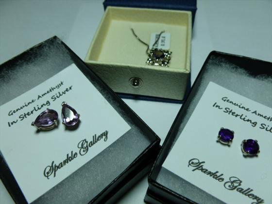 3 piece Sterling Silver- 2 Amethyst & SS earrings & Ale: 3 piece Sterling Silver- 2 Genuine Amethyst and SS earrings and Alexandrite Necklace with SS chain- all with boxes new condition