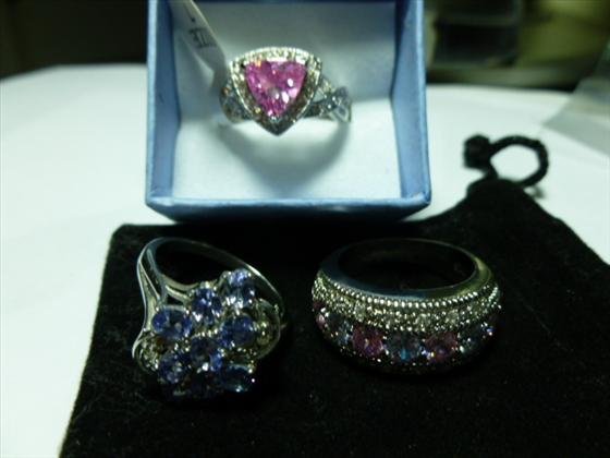 3 Sterling rings-marked 925-pink Topaz and Tanzanite wi