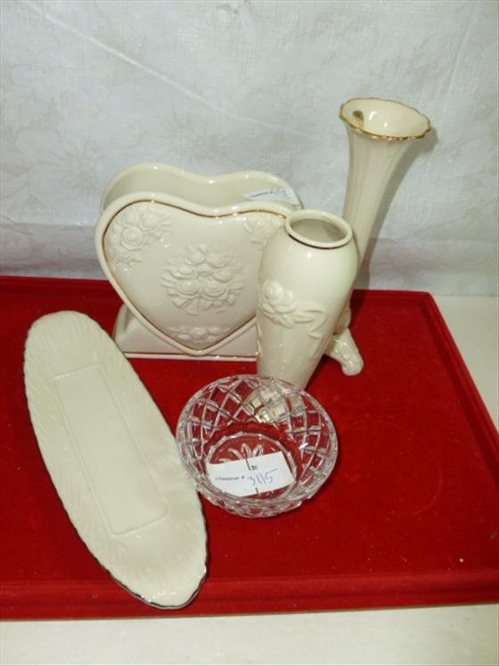 5 piece Lenox China and crystal- clock flower and vase