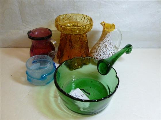 5 pc art glass gold Viking glass vase blown green bowl 