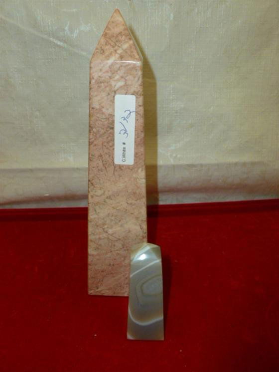 2 piece carved solid piece marble and onyx obelisk-made: 2 piece carved solid piece marble and onyx obelisk- made in Pakistan- 2 to 8 tall gray and pink in color