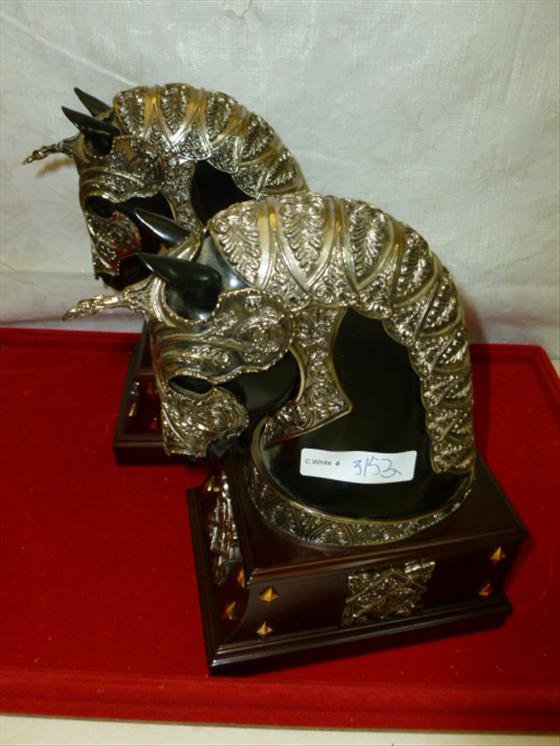 Pair horse head bookends-wood bases gold and silver dec