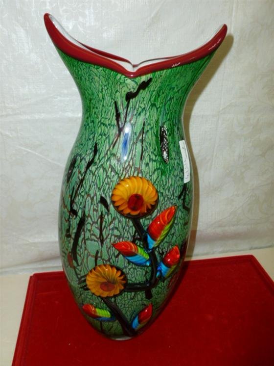 Large Murano cased glass vase with applied glass flower