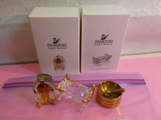 3 pc Swarovski crystal mini and gold tone brass, gold: 3 pc Swarovski crystal mini and gold tone brass motor and pedestal- juke box and baby crib- 2 boxes- gold plated excellent