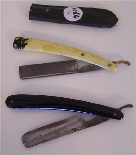 2 antiqued straight razors used by J. Micale- in: 2 antiqued straight razors used by J. Micale- in Hollywood- Kimberley-Gold edge-mother of pearl with sleeve-