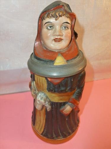 German stein of nun with beer in hand- #730-: German stein of nun with beer in hand- #730- 3L-Gesetzl-Geschutzl- 8 tall- good condition