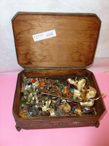 Brass and wood lined box full of assorted costume: Brass and wood lined box full of assorted costume jewelry gold and silver tone- glass rhinestones porcelain nice mixture and box