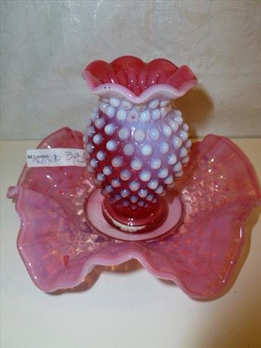 2 pc Fenton cranberry glass hobnail opal small vase &: 2 pc Fenton cranberry glass hobnail opal small vase and ruffled dish- 4-6 inches