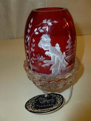 2 pc cranberry glass Mary Gregory style fairy lamp by: 2 pc cranberry glass Mary Gregory style fairy lamp by Fenton- #325 of 1500 Hand painted and signed -girl picking flowers-5"