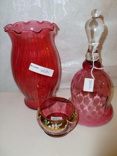 3 pc cranberry glass-bell no clacker ruffled top: 3 pc cranberry glass- bell no clacker- ruffled top vase and Czech enameled small bowl gold trim-