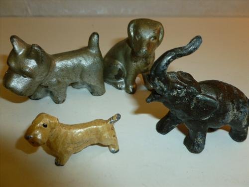 4 pc cast iron and lead dogs and elephant figures-: 4 pc cast iron and lead dogs and elephant figures- original paint- 1 1/2 to 2 1/2 long-nice vintage pieces