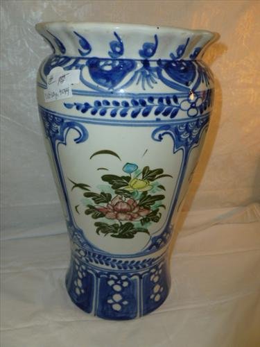 Porcelain Chinese hand painted umbrella stand or large: Porcelain Chinese hand painted umbrella stand or large vase in blue with colored flowers 14 Tall no markings flared top