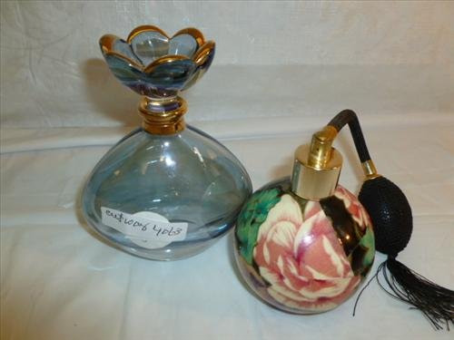 2 perfume bottles one blue with gold trim flower: 2 perfume bottles one blue with gold trim flower stopper 5"-1 colored appliqués with black ball sprayer-3 1/2"