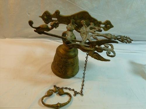 Brass bell complete with ringer and chain- Latin: Brass bell complete with ringer and chain- Latin- Who ever rings this bell will hear my voice-14"-angel on front ready to be hung on door