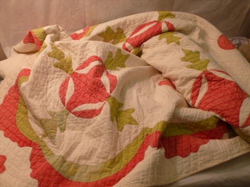 Antique Quilt-The Oak Leaf and the Reel-76 1/x84-blocks: Antique Quilt-The Oak Leaf and the Reel-76 1/x84-blocks 12x12- signature in black ink on back edge B.Bristol what we can make out- Red white and green. 7 stitches per inch- bought 1992 Ohio- good bord