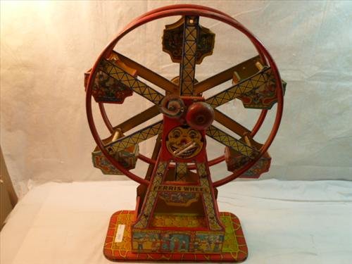 Chein Ferris Wheel-by- Chein- circa 1930-60-Litho graph: Chein Ferris Wheel-by- Chein- circa 1930-60-Litho graph-6 gondolas- bell wind up motor- works- some wear- nice piece