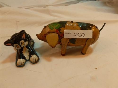 2 tin Litho toys- pig US Zone Germany - WPD friction: 2 tin Litho toys- pig US Zone Germany key wind-no key- WPD friction toy cat-all original paint- good pieces