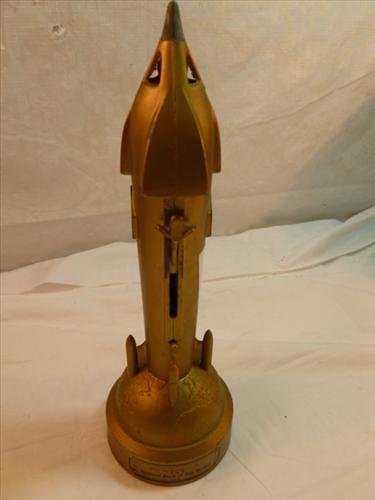 Cast aluminum- rocket ship bank-National Bank of Oak: Cast aluminum- rocket ship bank-National Bank of Oak Harbor Ohio-Satellite bank- key open no key- gold tone- 10 1/2" original