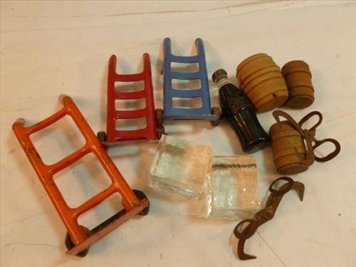 Vintage lot tin toys- -nice smalls: Vintage lot tin toys-3 hand carts wood wheels- 3-4 1/4"-2 ice tongs- 2 cubes -3 wood barrels & coke bottle -nice smalls