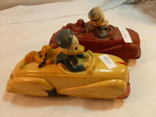 2 Sun Rubber Co. Donald duck with Pluto cars- red and: 2 Sun Rubber Co. Donald duck with Pluto cars- red and yellow- plate 12018- circa 1930's Disney 6 long original no repaint