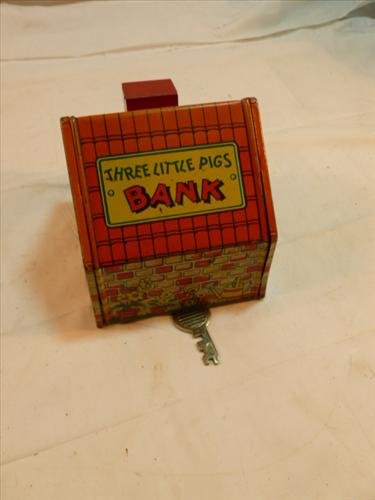 Chein tin litho bank- Three little pigs with the key-3: Chein tin litho bank- Three little pigs with the key-3 tall very good