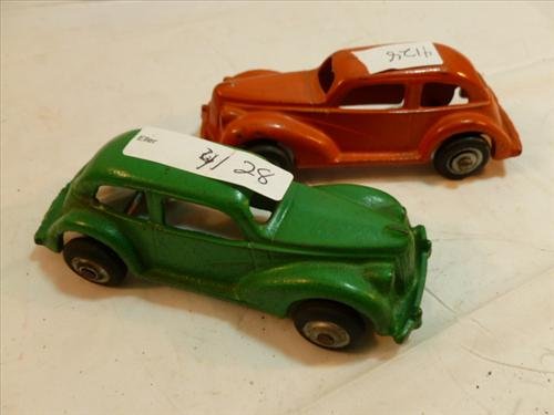 2 Arcade cast iron cars- 4 1/2" orange and green all: 2 Arcade cast iron cars- 4 1/2" orange and green all original no repaint - very little wear -tires good