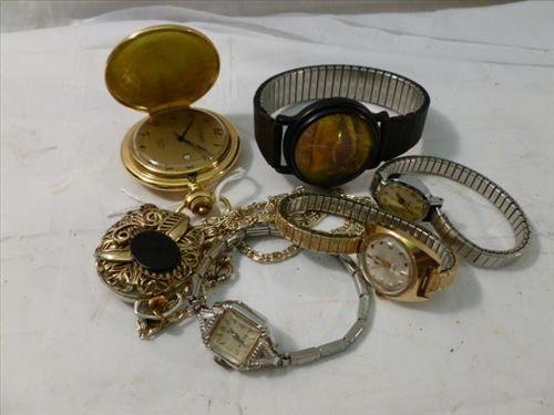 6 watches- Elgin-Timex- 3D- Arts-Dufonte-Harvester: 6 watches- Elgin-Timex- 3D- Arts-Dufonte-Harvester- Ladies on chain black stone- pocket men's winking 3D eye