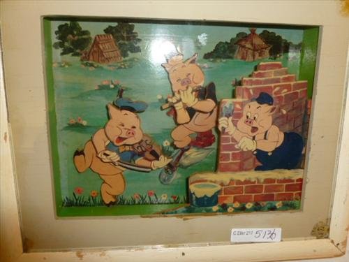 Walt Disney Musical 3 Little Pigs Shadow Box- pull cord: Walt Disney Musical 3 Little Pigs Shadow Box- pull cord- works- 9 3/4 by 11 3/4-pigs moves plays Who's afraid of the big bad wolf