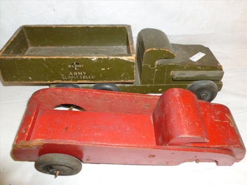 2 Wood Buddy L - Army Supply truck and wagon toy-: 2 Wood Buddy L - Army Supply truck and wagon toy- original no repaint -0missing parts-12 1/2 to 15 b1/2 long