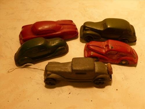 5 vehicles 4 rubber Auburn & 1 Arbor M&L car- red green: 5 vehicles 4 rubber Auburn and 1 Arbor M&L car- red green and grey 4-4 1/2 long