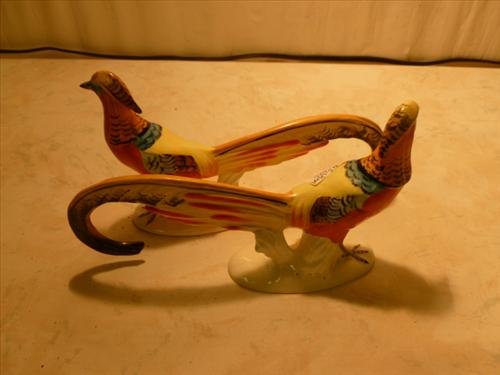 Pair Royal Dux Pheasants- figures- 15159- 8 1/2 long: Pair Royal Dux Pheasants- figures- 15159- 8 1/2 long marked on bottom- bright orange yellow blue and green in color - very good