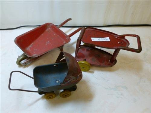 3 pc Pressed Steel toy lot- wheel barrel cart and baby: 3 pc Pressed Steel toy lot- wheel barrel cart and baby carriage- Original no repaint- wood and metal wheels- wear and a little rust