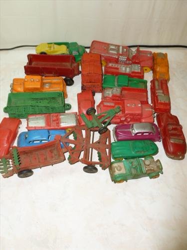 Large box lot Auburn Rubber Vehicles and misc: Large box lot Auburn Rubber Vehicles and misc plastic and rubber pieces- nice assortment