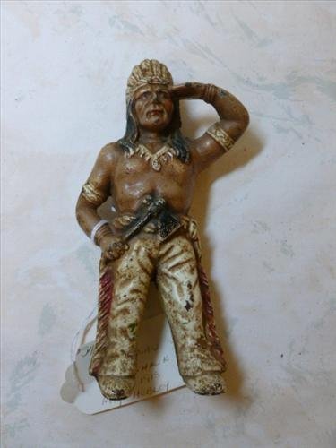Cast Iron Indian still bank- with Tomahawk- Circa 1915-: Cast Iron Indian still bank- with Tomahawk- Circa 1915- Hubley- original no repaint-6 1/4"- nice paint