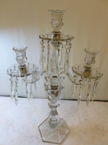 3 Light Heisey Williamsburg Candelabra- clear glass: 3 Light Heisey Williamsburg Candelabra- clear glass with bobeches and prisms-excellent piece-20"- all screws apart