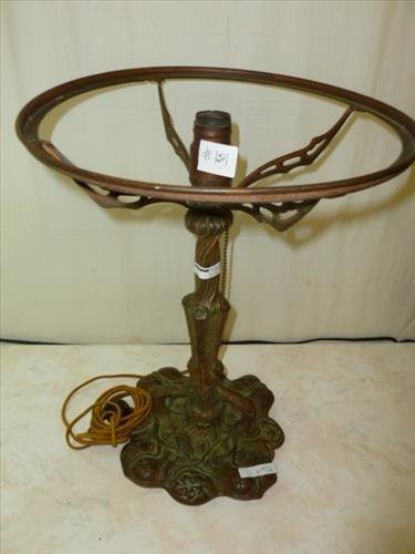 Handel Lamp base- needs research to prove-copper steel: Handel Lamp base- needs research to prove-copper steel and bronze tree trunk style- green patina-16 tall-12" Diam round shade holder