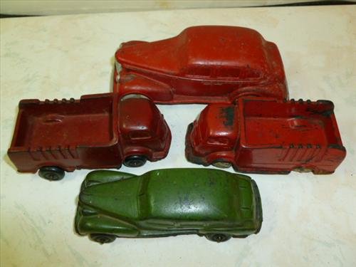 4 pc Auburn Rubber Cars and truck- red and green: 4 pc Auburn Rubber Cars and truck- red and green -original no repaint