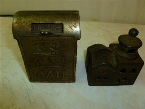 2 Cast Iron Still banks- Mosque church and US Mail lift: 2 Cast Iron Still banks- Mosque church and US Mail lift up - AC Williams- 2 1/2 to 3 1/2 tall- original no repaint