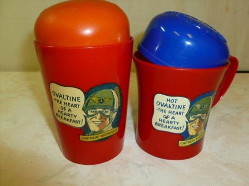 2 Plastic cups with tops- Ovaltine Shake up Mugs: 2 Plastic cups with tops- Ovaltine Shake up Mugs-Captain Midnight-4 1/2-5 tall