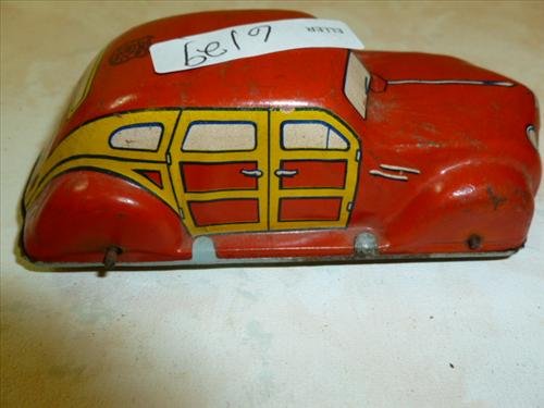 J. Chein wind up Tin Litho-Sedan- 1950's- works-no: J. Chein wind up Tin Litho-Sedan- 1950's- works-no repaint original- H-310 orange and yellow-5 1/4"