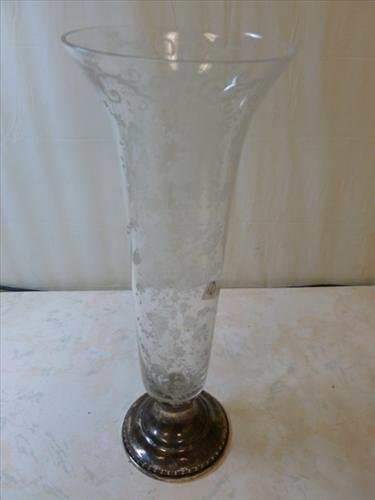 Sterling base and etched crystal top vase- maybe: Sterling base and etched crystal top vase- maybe Fostoria- flower pattern- 12 tall- weighted bottom- #428- just needs cleaning