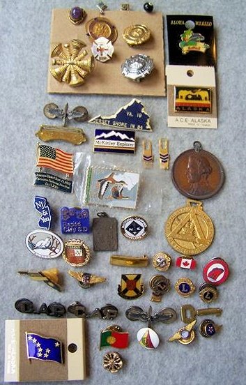 Lot of Assorted Memorabilia: Lot of Assorted Memorabilia- State and Country Pins, Social Clubs, Stick Pins, aviation, etc., some Sterling