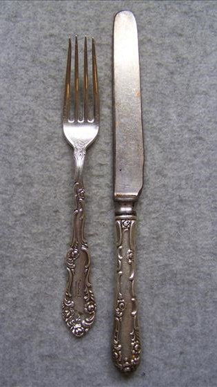 Sterling Silver Fork and Knife: Sterling Silver Fork and Knife - Fork Marked "Sterling PAT 1892 Chartdegen & Co." - Knife Handle Marked "Sterling PAT 1892", Blade not Marked - Fork WT 1 7/8 OZ., Fork & Knife Together Weigh 4 1/8 OZ.
